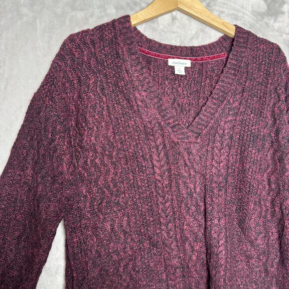 Sundance Sweater Womens Small Burgundy V Neck Cable Knit Pullover Marled Boho - Picture 3 of 8